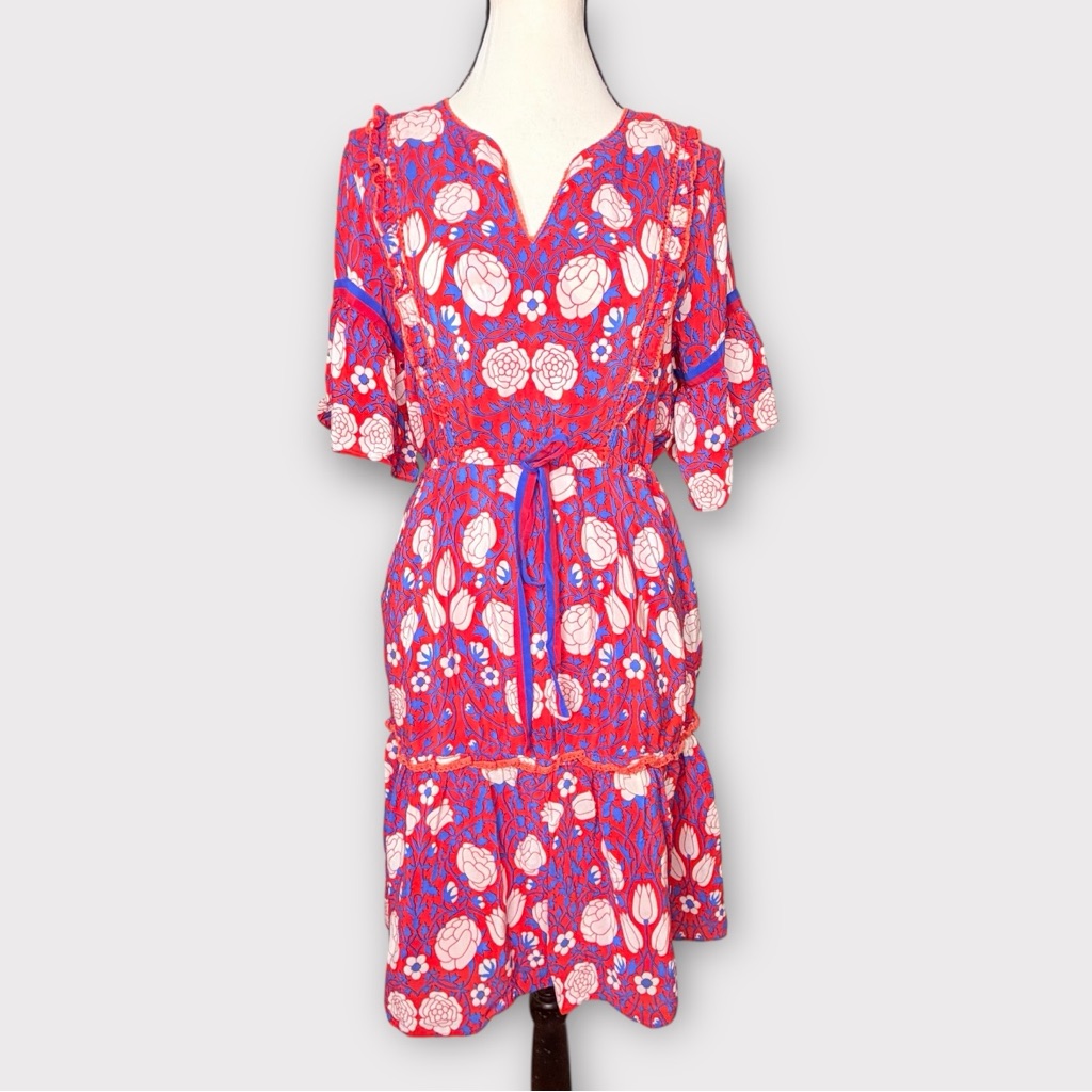 Rungolee Red Blue Flower Print Crochet Trim Dress